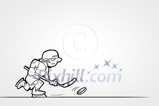 Close up of human hand and caricature of funny hockey player
