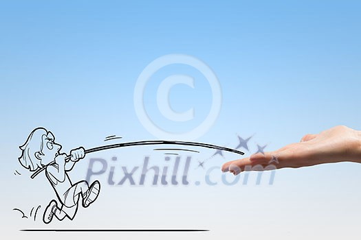 Funny caricature of man jumping with pole