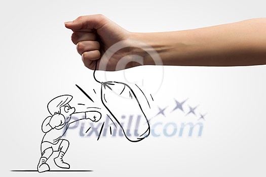 Funny caricature of boxer man hitting punchball