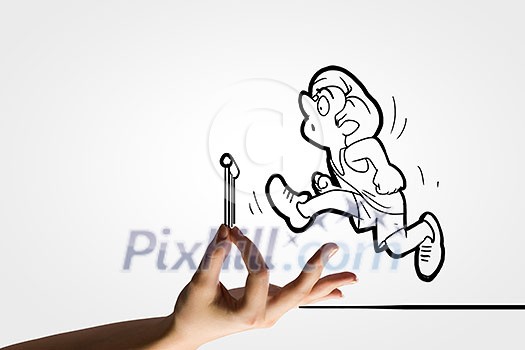 Funny caricature of running sportsman jumping over barrier Funny caricature of running sportsman jumping over barrier