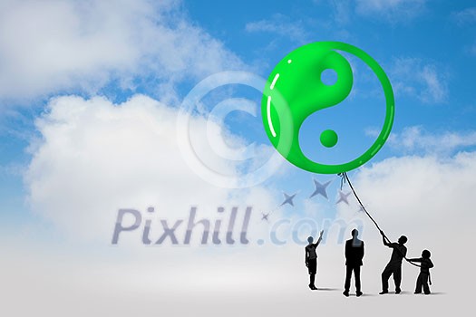 Little silhouettes of people pulling balloon with rope Little silhouettes of people pulling balloon with rope