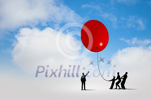 Little silhouettes of people pulling rope with balloon Little silhouettes of people pulling rope with balloon