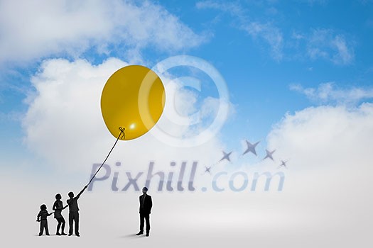 Little silhouettes of people pulling rope with balloon Little silhouettes of people pulling rope with balloon