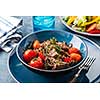 Soba noodles with beef, mushrooms, cherry tomato and sweet peppers.