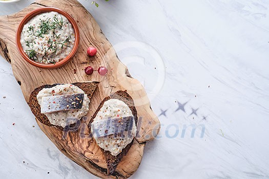 Forshmak - traditional Jewish cuisine. Sandwich with minced herring fillets with apple, onion and egg. Copyspace for text. Forshmak - traditional Jewish cuisine. Sandwich with minced herring fillets with apple, onion and egg. Copyspace for text.