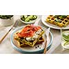 Belgian waffles with cheese and salmon. Healthy breakfast with ricotta and fish.