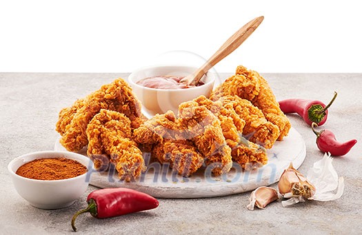 Spicy chicken wings breaded with spices and ketchup on the table Spicy chicken wings breaded with spices and ketchup on the table