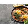 Shakshuka, Fried Eggs in Tomato Sauce. Traditional Mediterranean Fried Eggs. Israeli cuisine