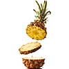 Fresh juicy pineaplle flying on white background. Ananas levitation