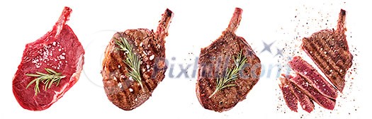 Rib eye steak. Entrecote on the bone. Raw, fried and sliced steaks. Rib eye steak. Entrecote on the bone. Raw, fried and sliced steaks.