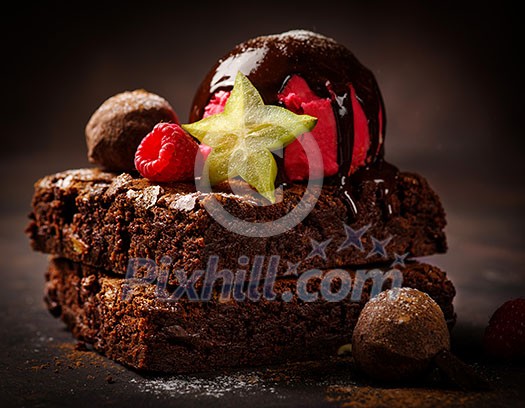 Chocolate Brownie with Chocolate Ice Cream and Fruit