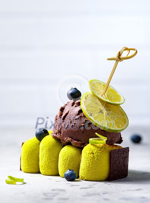 Dessert, cake with chocolate ice cream. Dessert, cake with chocolate ice cream.