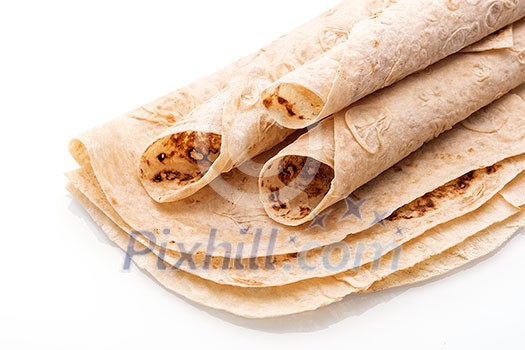 Tortillas, Pita, Lavash, Flat Bread, Armenian and Turkish Kitchen isolated on white Tortillas, Pita, Lavash, Flat Bread, Armenian and Turkish Kitchen isolated on white