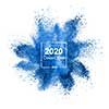 Classic blue powder explosion on a white background, copy space. Trend color of the year 2020.