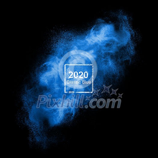Classic blue powder splash on a black background, copy space. Trend color of the year 2020. Classic blue powder splash on a black background, copy space. Trend color of the year 2020.