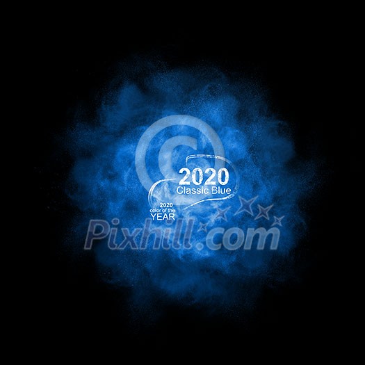 Classic blue powder splash in the color of the year 2020 on a black background, copy space. Trend color of the year 2020. Classic blue powder splash in the color of the year 2020 on a black background, copy space. Trend color of the year 2020.
