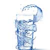 Clear glass of water with moving bubbles and spiral wave splash around it on a white background, copy space.