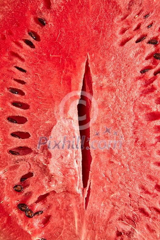 Fresh ripe organic watermelon cut with seeds as an erotic vagina symbol background.