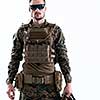 american  marine corps special operations soldier with fire arm weapon and protective army tactical gear clothes Studio shot isolated on white background