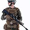 american  marine corps special operations soldier with fire arm weapon and protective army tactical gear clothes Studio shot isolated on white background