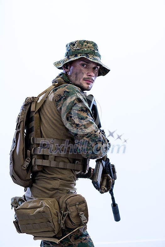 modern warfare american marines soldier in action while sneaking and aiming on laseer sight optics in combat position and searching for target in battle modern warfare american marines soldier in action while sneaking and aiming on laseer sight optics in combat position and searching for target in battle