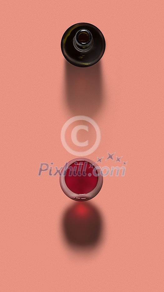 Top view above opened bottle and glass of red wine on a pastel coral background with soft dark shadows, copy space