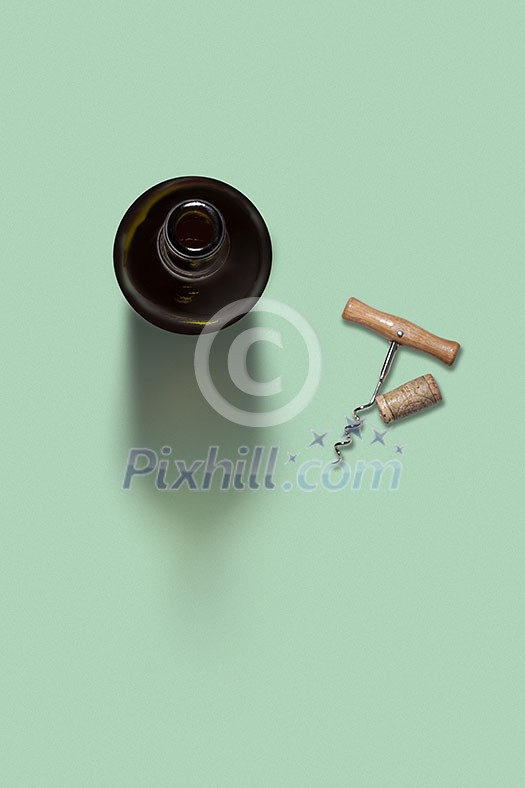 Alcohol drink wine opened bottle with natural cork and corkscrew on a light green background with soft shadows and copy space. Top view.