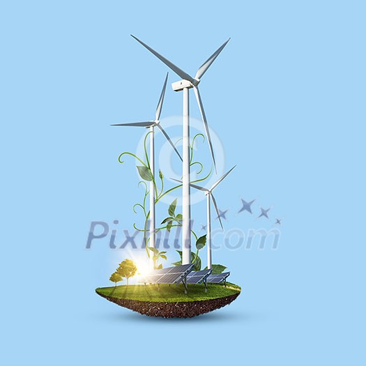 Alternative renewable energy made by wind turbines and solar panels for saving ecological balance on our planet on a pastel blue background with copy space.