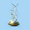 Alternative renewable energy made by wind turbines and solar panels for saving ecological balance on our planet on a pastel blue background with copy space.