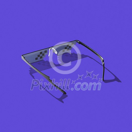 Art pixel glasses using for protection in the process of work with computers screens, phones and TV on a dark lilac background with hard shadows, copy space. Art pixel glasses using for protection in the process of work with computers screens, phones and TV on a dark lilac background with hard shadows, copy space.