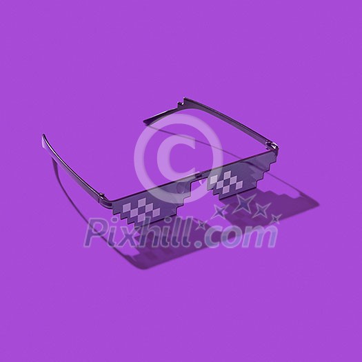 Pixel computer glasses on a purple background with hard shadows. Protection eyes from harmful artificial blue light emitted from computers screens, and TV. Pixel computer glasses on a purple background with hard shadows. Protection eyes from harmful artificial blue light emitted from computers screens, and TV.