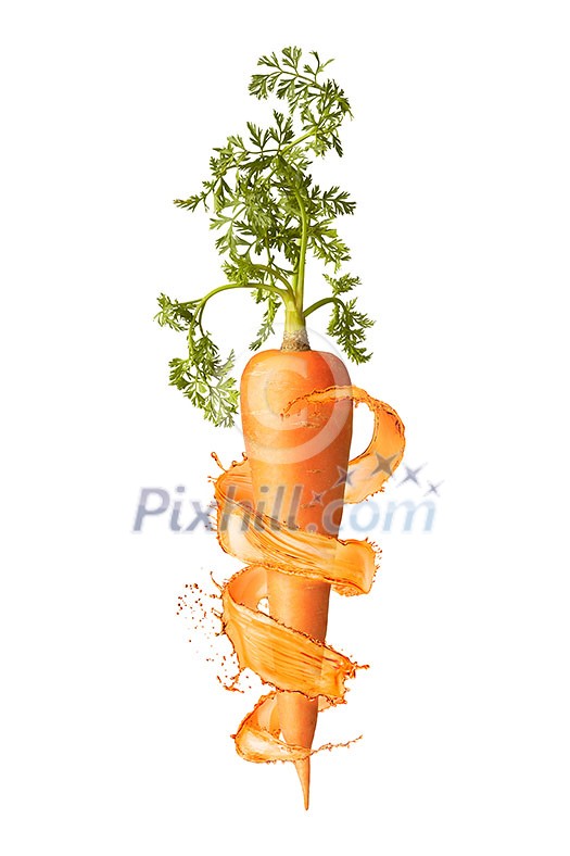 Natural organic vegetarian carrot fruit with green leaf and spiral juicy splash around on a white background, copy space. Vegan healthy concept. Natural organic vegetarian carrot fruit with green leaf and spiral juicy splash around on a white background, copy space. Vegan healthy concept.