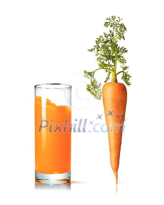 Organic natural vertical carrot fruit with green leaf and glass of the same juice on a white background, copy space. Vegan concept.