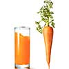 Organic natural vertical carrot fruit with green leaf and glass of the same juice on a white background, copy space. Vegan concept.