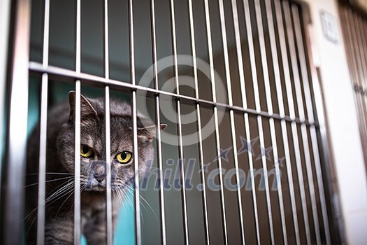 Sick cat waiting for treatment in cage of veterinarian clinic Sick cat waiting for treatment in cage of veterinarian clinic