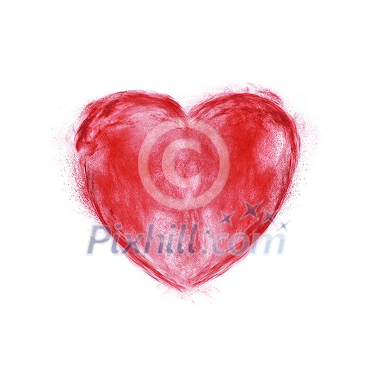 Powdered red dust cloud in the shape of heart on a white background with copy space. Color explosion.
