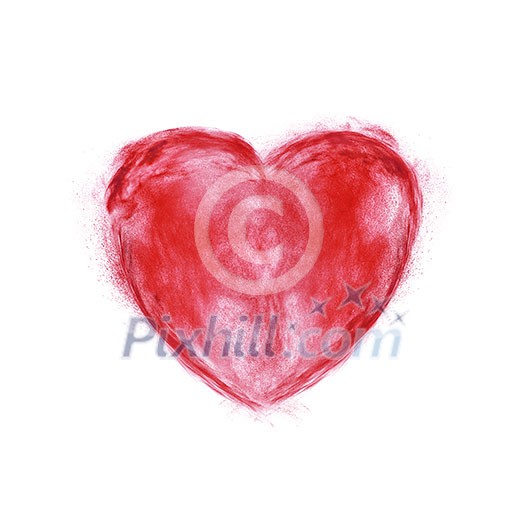 Powdered red dust cloud in the shape of heart on a white background with copy space. Color explosion. Powdered red dust cloud in the shape of heart on a white background with copy space. Color explosion.