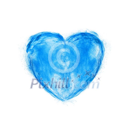 Abstract powder explosion in the shape of heart on a white background with copy space. Classic blue trend color of the year 2020. Abstract powder explosion in the shape of heart on a white background with copy space. Classic blue trend color of the year 2020.