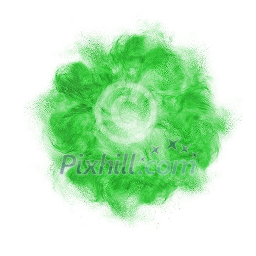 Green powder explosion in the shape of round frame on a white background with copy space. Abstract colored dust cloud. Green powder explosion in the shape of round frame on a white background with copy space. Abstract colored dust cloud.