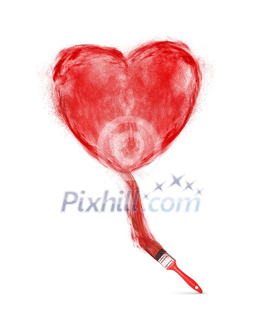 Creative powder red heart painted by brush on a white background with copy space.