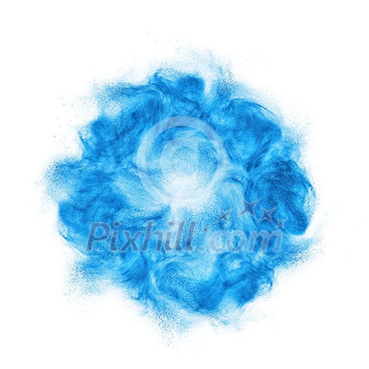 Classic blue powder splash on a white background with copy space. Trend color of the year 2020. Classic blue powder splash on a white background with copy space. Trend color of the year 2020.