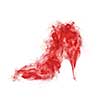 Creative red powder splash in the shape of woman shoe on the heel on a white background with copy space. Abstract dust cloud.