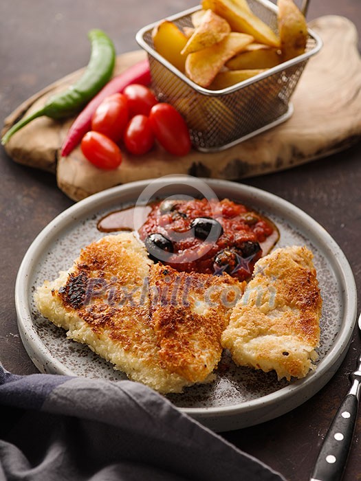 Fried fish with tomato-olive sauce and potatoes