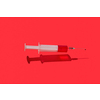 Red liquid blood or vaccine in flying plastic disposable syringe above red background with hard shadow and reflections, copy space.