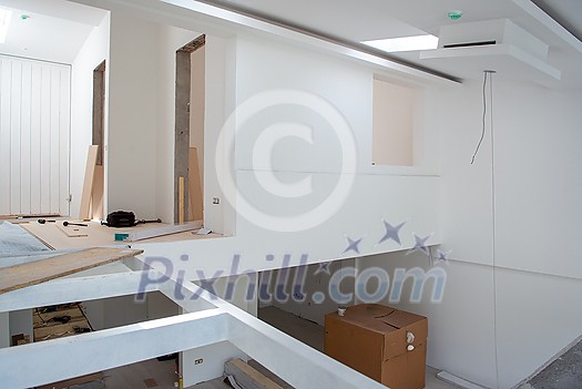 Interior of unfinished stylish modern open space two level apartment with white walls soon ready to move in Interior of unfinished stylish modern open space two level apartment with white walls soon ready to move in