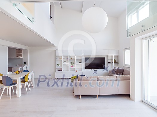interior of a luxury stylish modern open space design two level apartment with white walls interior of a luxury stylish modern open space design two level apartment with white walls