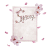 Cherry blossom letters on a vintage paper card with floating petals on soft pink backgound.