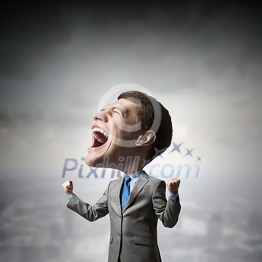 Young big headed businessman screaming with his hands up Young big headed businessman screaming with his hands up