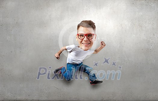Funny picture of running man with big head over cement background