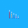 Greeting birthday card from vertically standing candles of different height for sweet dessert and cakes on blue background with soft shadows, copy space.